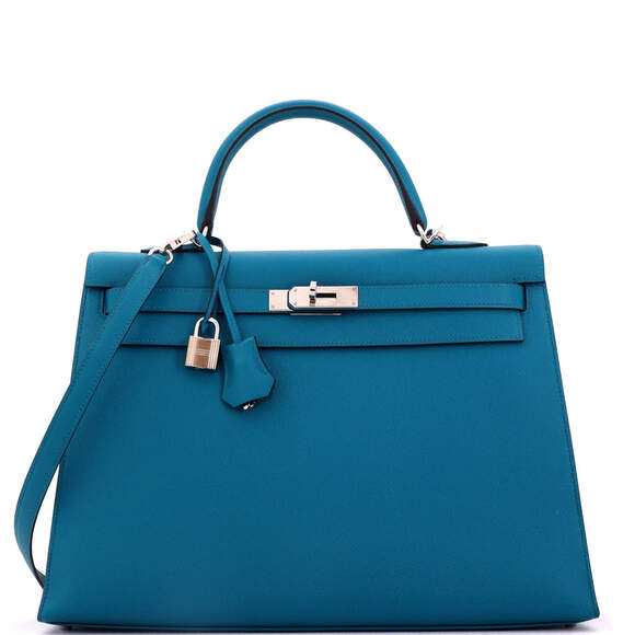 Hermes Handbags - Hermes Kelly 35 Blue Epsom with Palladium Hardware